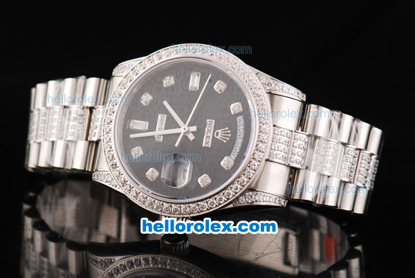 Rolex Day-Date Swiss ETA 2836 Automatic Movement Black Rolex Logo Dial with Diamond Marker and Bezel-Diamond/SS Strap - Click Image to Close